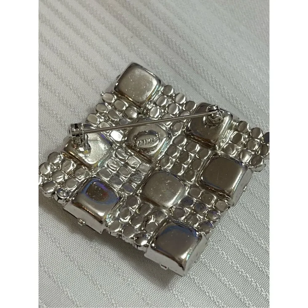 KRAMER VTG Square Rhinestone Brooch Estate Signed